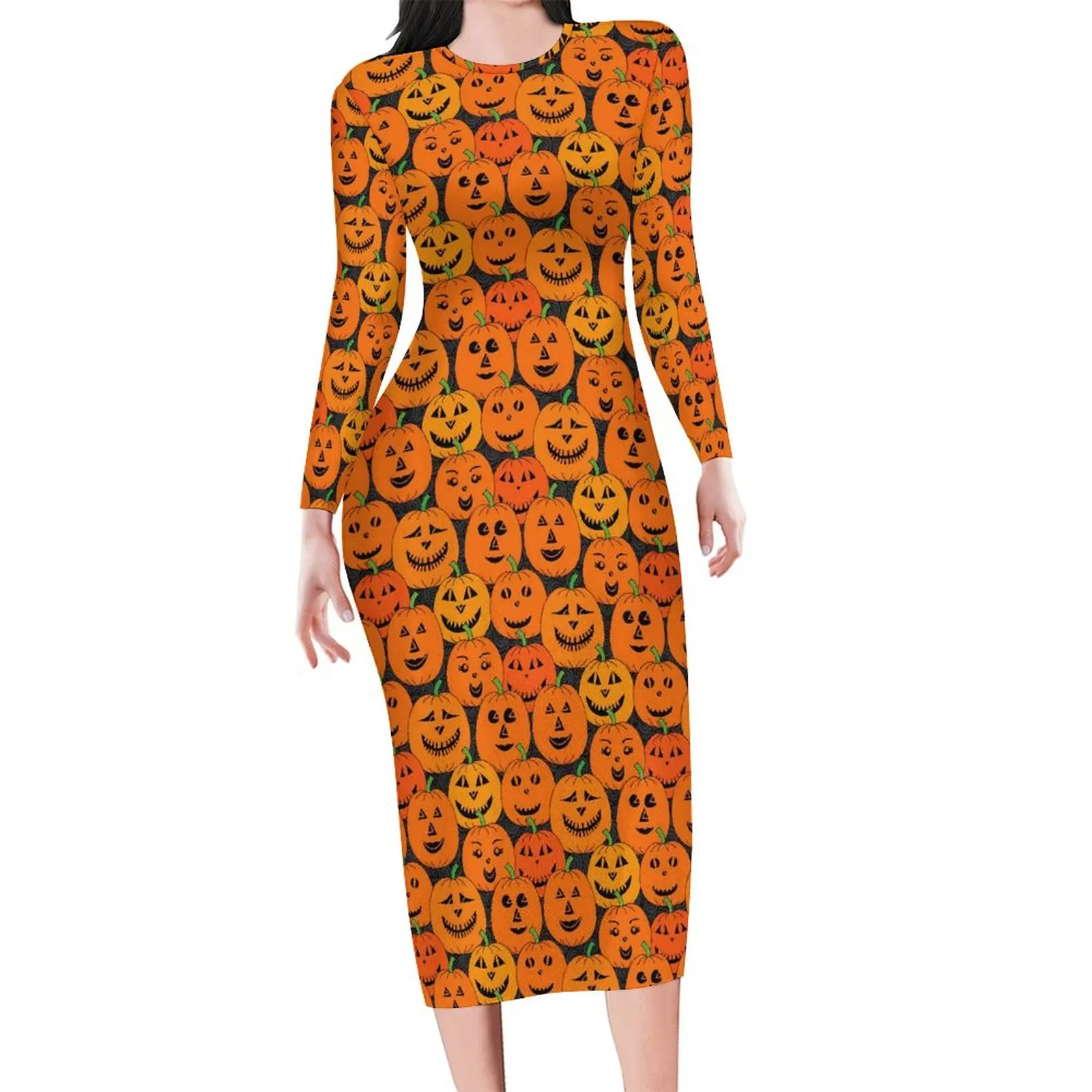 

Cute Pumpkin Dress Long Sleeve Halloween Print Aesthetic Dresses Autumn Sexy Bodycon Dress Womens Graphic Oversized Vestidos