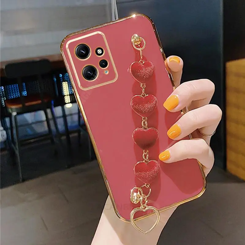 Note12 Love Heart Bracelet Case For Xiaomi Redmi Note 12 Pro 12pro 4g 5g 11 11s 10 10s 9 8 Chain Plating Silicone Cover 10c 12c