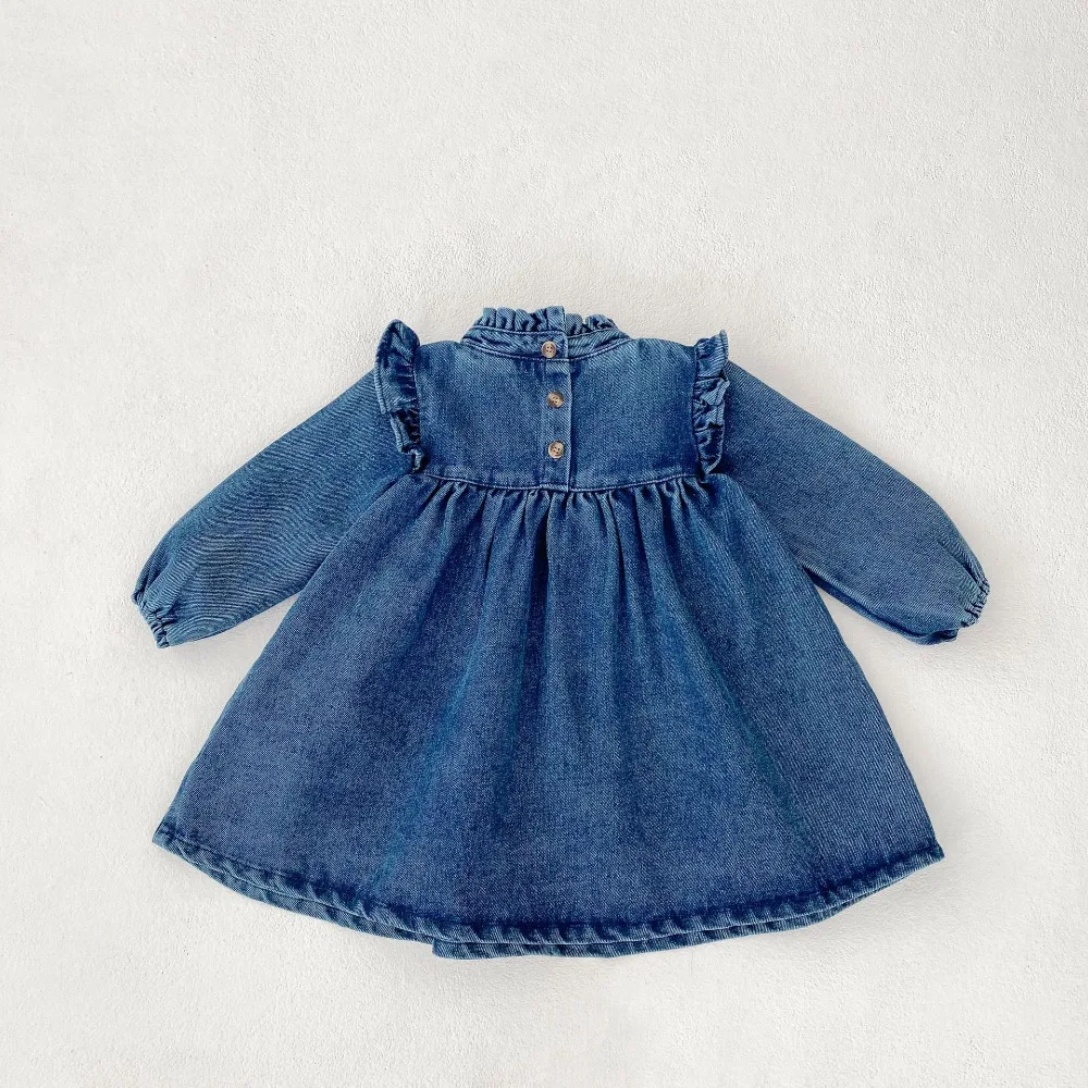 

Long Sleeve Crew Neck A-line Princess Dresses Outfits Spring Clothes Kids Girl Denim Dress 0-4Years Children Solid Color