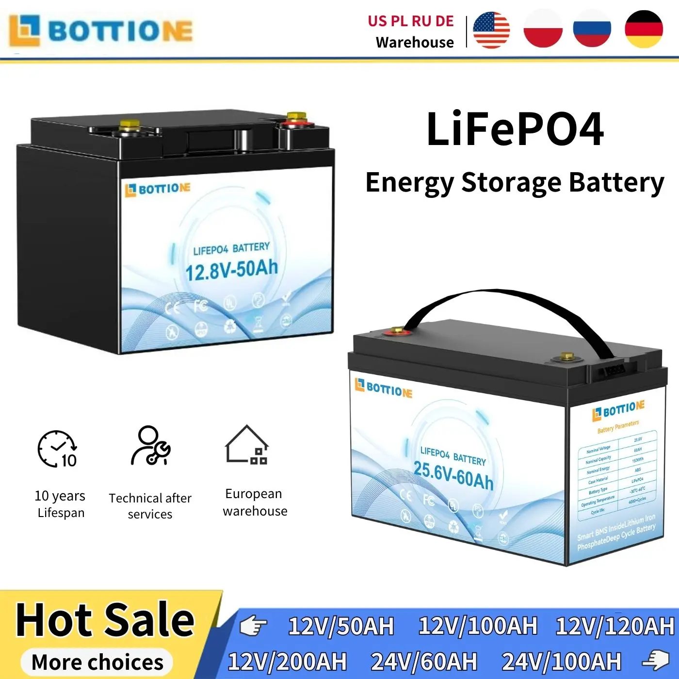 EU/US/CA Stock 12V 24V 50Ah 60Ah 100Ah 120Ah 200Ah LiFePO4 Battery Lithium Iron Phosphate Battery Pack For Marine Boat