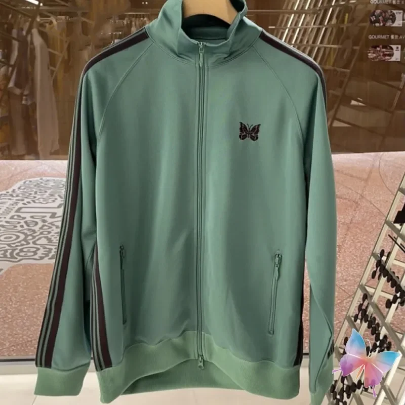 Green Embroidered Butterfly Jacket High Street Men Women Cleanfit High Quality Side Stripes Track Zipper Coats