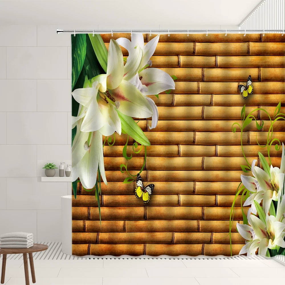 Bamboo Shower Curtain Retro Old Brick Wall Geometric Pattern Lily Flower Home Bathroom Bathtub Polyester Decorative Screens Sets