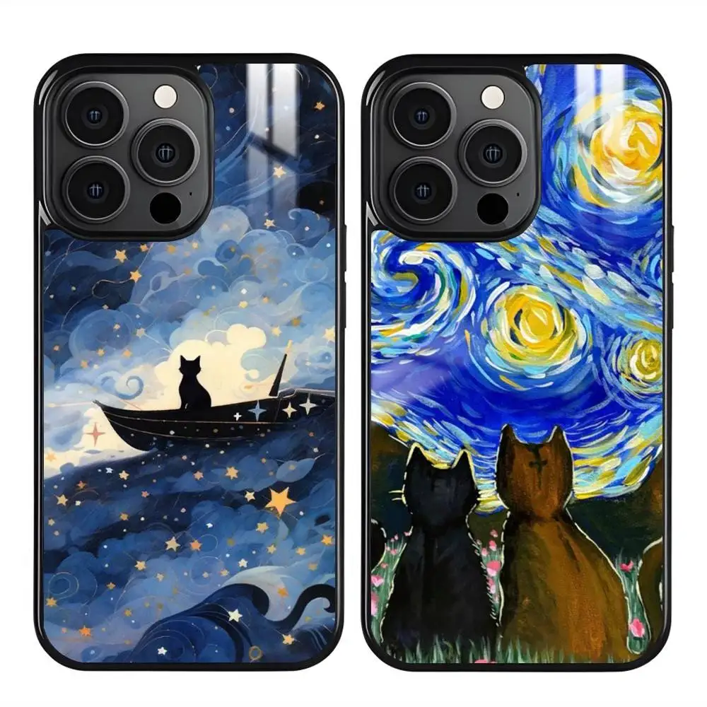 

1PC Van Gogh Cute Cat Phone Case For iPhone 16 15 14 13 12 11 Pro Max Plus Mini Magnetic Magsafe Wireless Charging Cover