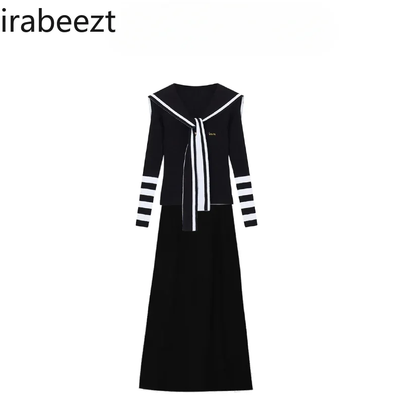 Korean Preppy Suit Fashion Femininity Striped Navy Collar Sweater Top Early Autumn High-waisted Skirt Two-piece Set