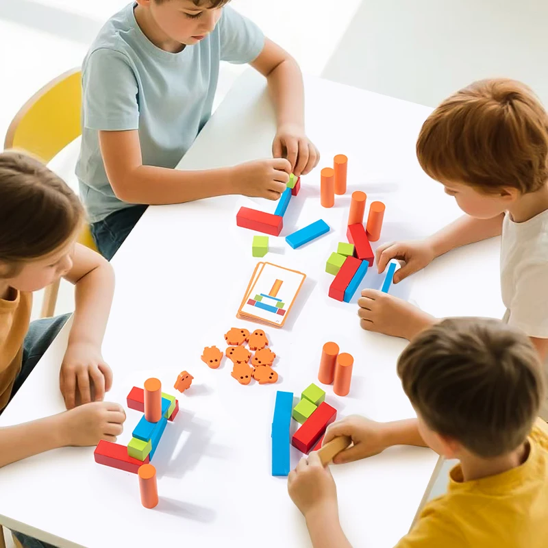 Conjunto de blocos de construção de pinguim de madeira, blocos de empilhamento, criação de jogo de pilha, brinquedos de classificação, formato de cor para crianças em sala de aula escolar
