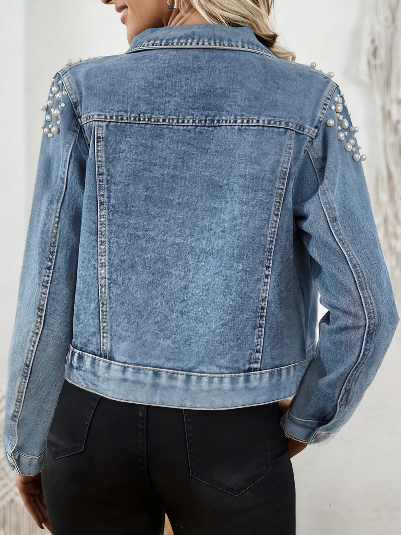 プラスサイズ レディース カジュアル デニムジャケット パール装飾 ウォッシュ加工 快適 ルーズフィット レディース ジーンズジャケット