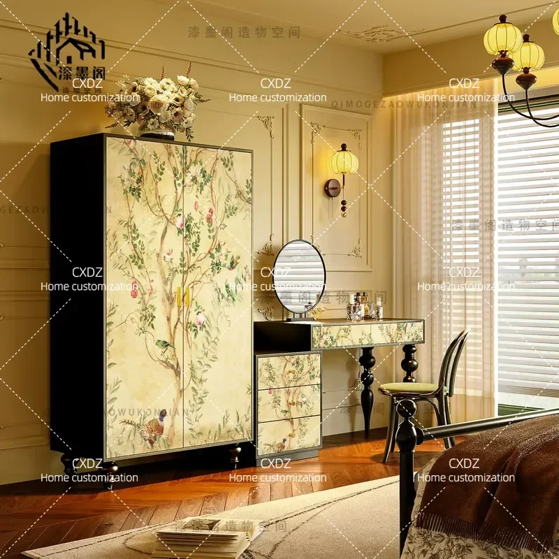 Retro Solid Wood Wardrobe with Natural Flower and Bird Pattern Living Room Bedroom Storage Cabinet Porch Locker Dresser