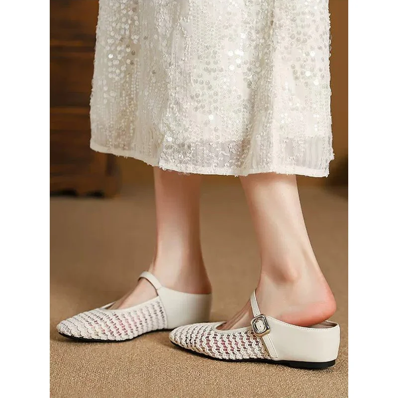 2026 New White Woven Mesh Mary Jane Mules Square Toe Hidden Heel Wedge Sole Balletcore Comfortable Commute Daily view 3