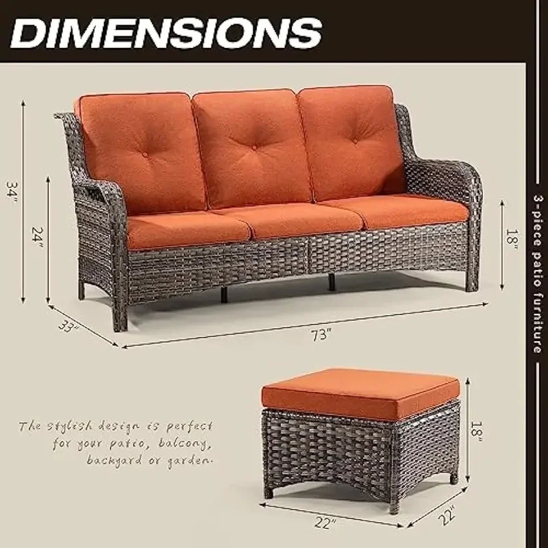 3-Piece Outdoor Wicker Furniture Set with 3-Seat Sofa and 2 Ottomans, Rattan Sectional Patio Sofa with Cushions