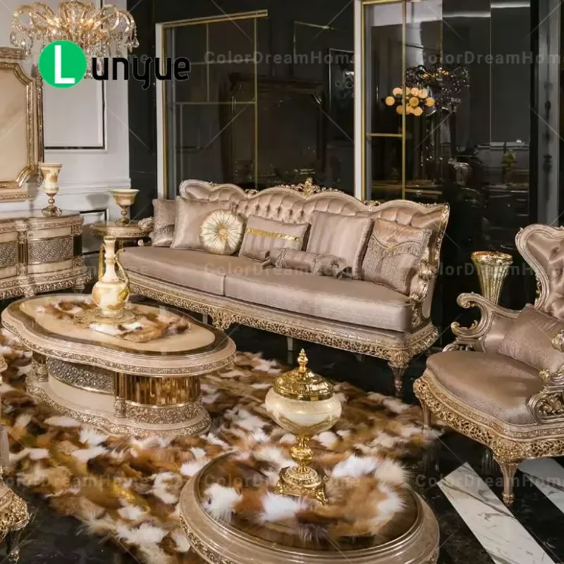 European Classic Turkish Style Luxury Wooden Sofa Set with TV Stand and Coffee Table for Living Room Furniture Home Decor