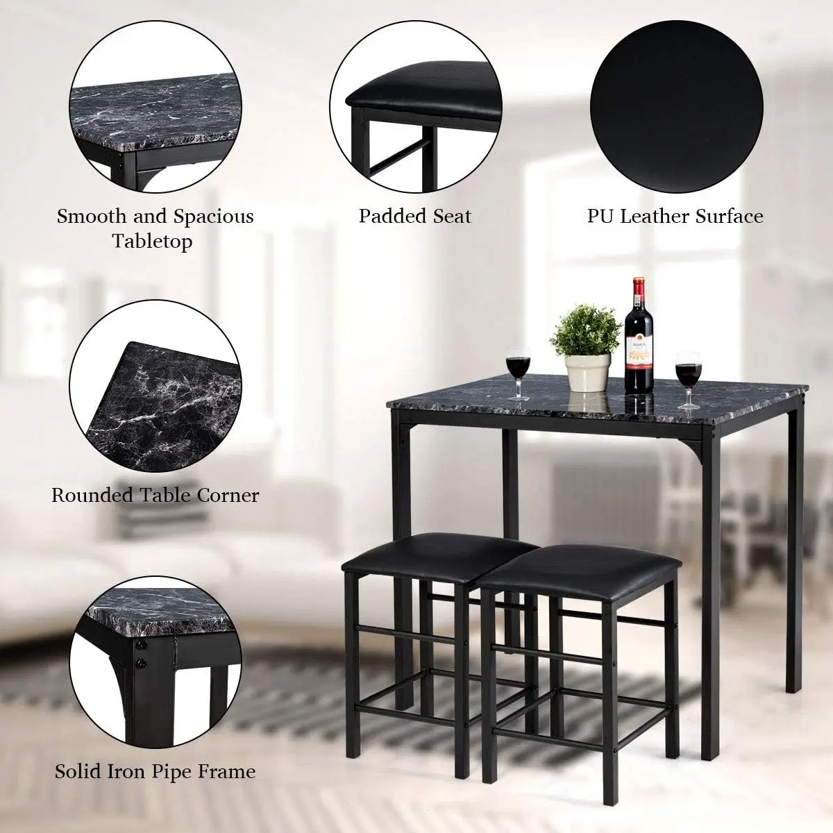 Reuniong 3 Pcs Dining Table And Chairs Set, Chairs And Table Set With Marble Tabletop, Indoor Modern Dining Table Furniture Set