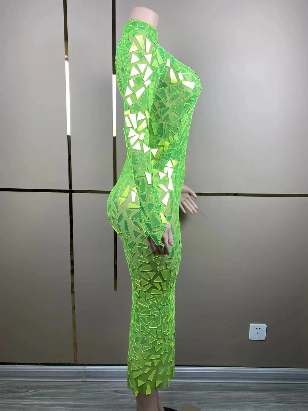 Sexy Designed Neon Green Mirrors Transparent Mesh Dress Evening Birthday Celebrate Costume Performance Dance Photo Shoot Dress