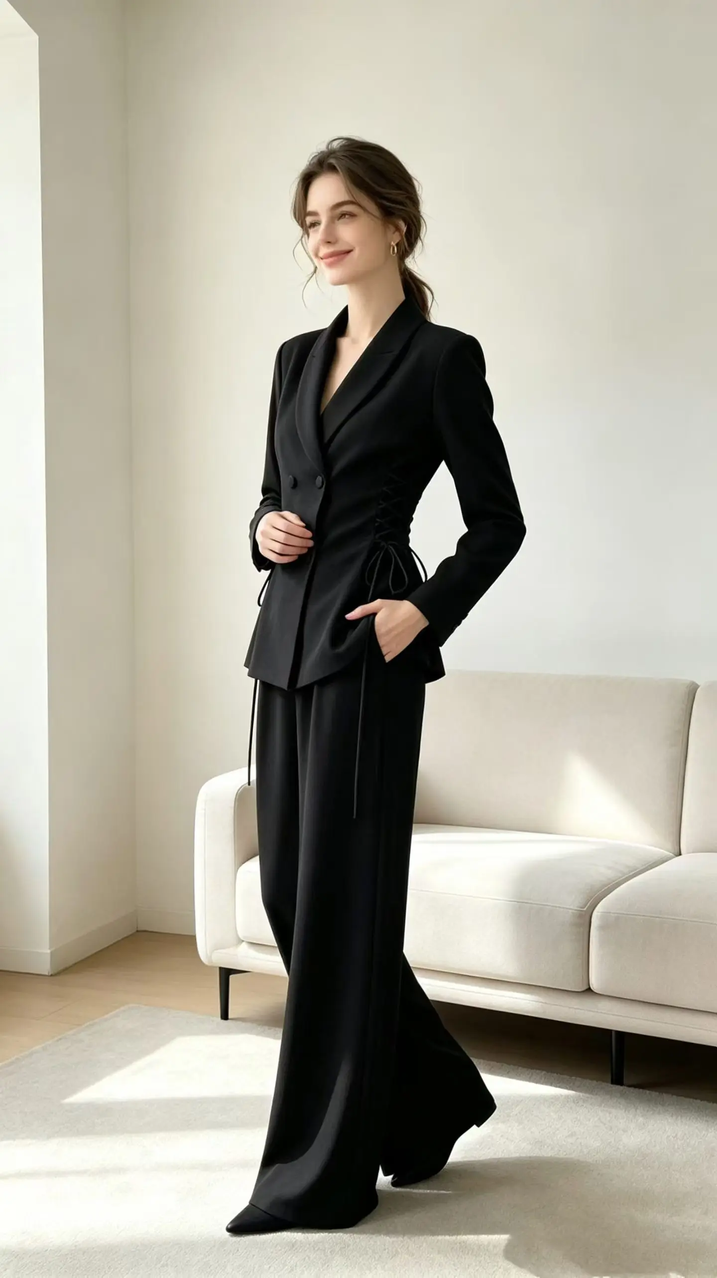 PUAL Women Drawstring Waist Blazer 2 Piece Set, Cropped Suit Jacket + Wide Leg Trousers