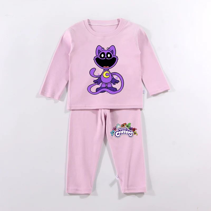 Smiling Crittersed Children's Long Sleeve Pajamas Suit Thicken Warm Anime Cartoon Kid Sleepwear Tops Pants Nightwear Set Clothes