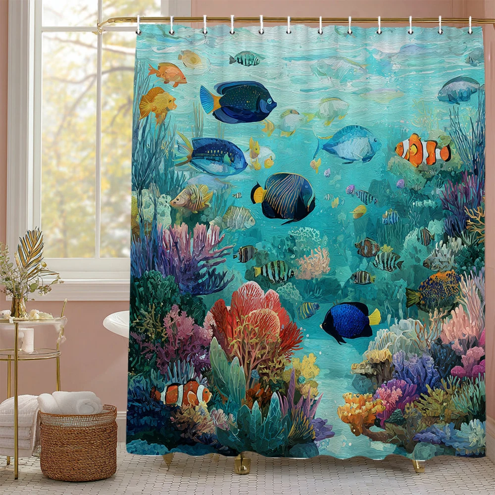 

Underwater World Ocean Dolphin Sea Turtle Shower Curtain, Bathroom Decorative Shower Curtain, printing Shower Curtain with Hooks
