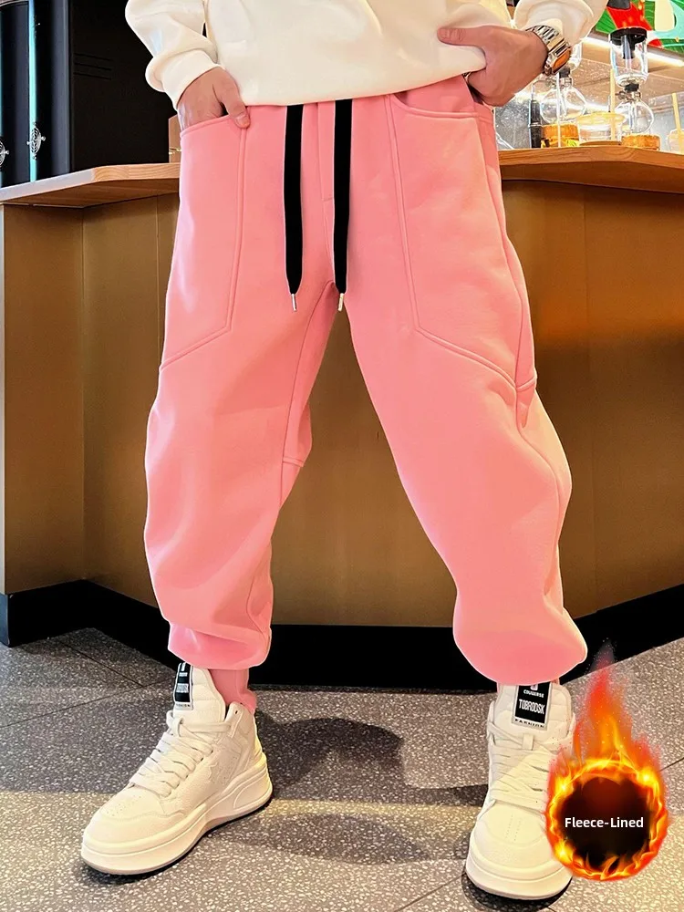 

Loose Candy Colored Fce Lined Dstring Men's Casual Pants Comfortable All Match Autumn Winter Trendy Trousers