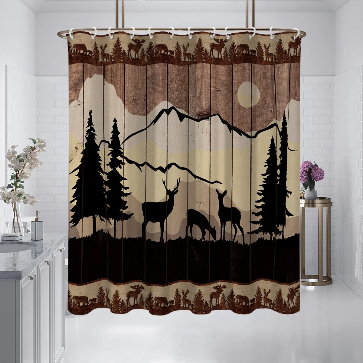 

1PC forest and animal pattern printed shower curtain, waterproof, washable, with 12 hooks, bathroom shower, bathtub, home use
