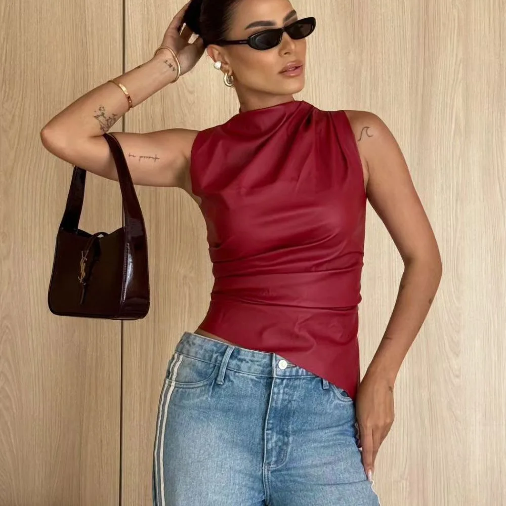 

Women's Y2K Vintage PU Simple Sleeveless Vest Solid Color Folds Slim Slash Cut Irregular Tops Trendy Noble All-match Streetwear