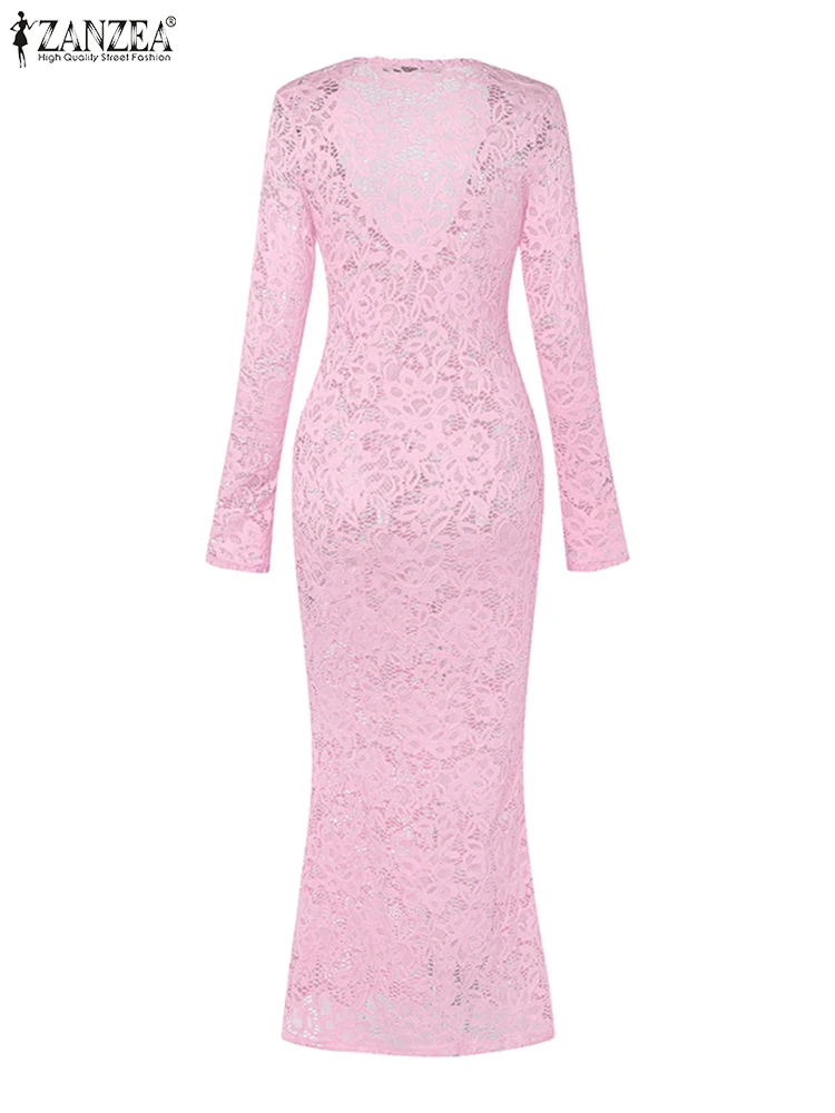 ZANZEA المرأة مثير ضيق ارتياد فساتين الحفلات العميق الخامس الرقبة طويلة الأكمام انظر من خلال الدانتيل Bodycon فستان طويل حجم كبير 5XL