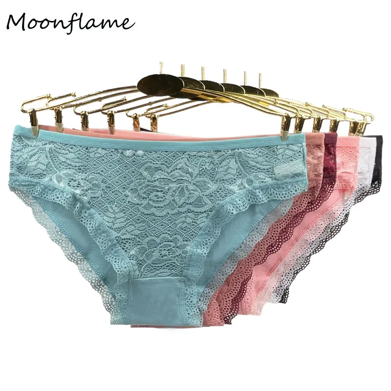 

Moonflame 5 pcs/lots Low Rise Solid Color Lace Transparent Cotton Briefs Women's Panties