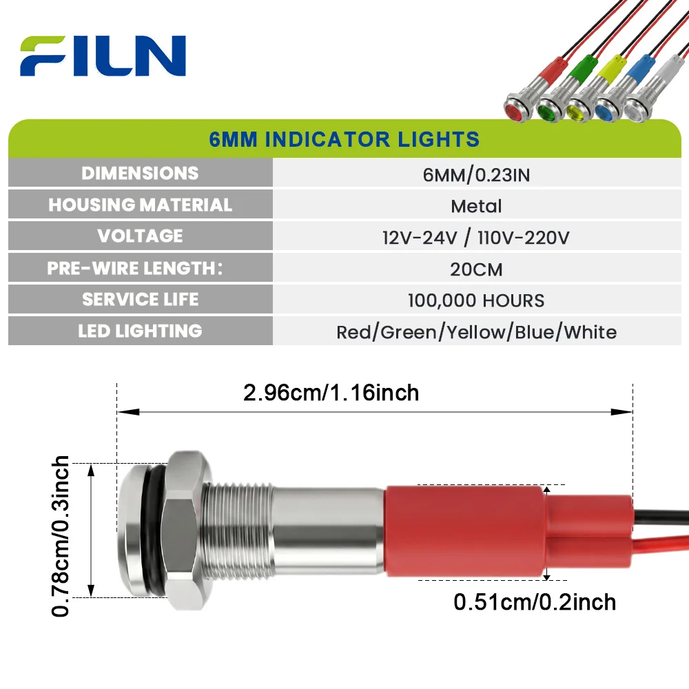 FILN 1PCS 6mm LED Indicator Lights IP67 Waterproof Warning Lamps for Car Boat Industrial Control Start Panel 12V-24V/110V-220V