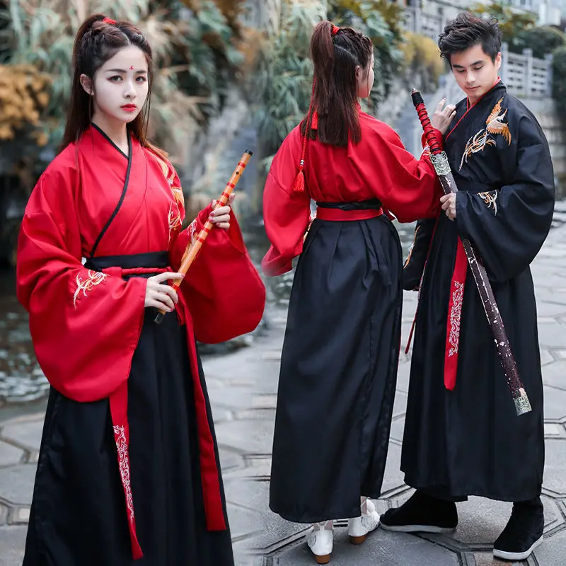 코스프레 고대 Hanfu 여성 의상 세트 무술 의상 쇼 커플 Hanfu 남성 의상 의류 쿵푸 2 조각 세트 여성