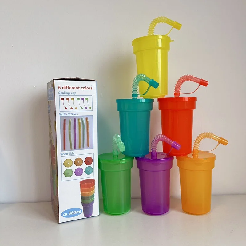 Multi Colored Clear Plastic Stackable Drinking Tumbler with Straw, Portable Cold Beverage Cup for Camping Picnic
