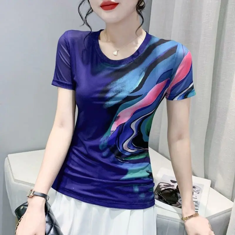 

Mesh T-shirt Women Short-sleeved 2025 New Summer Fashion Trendy Temperament Top Tight Pullover
