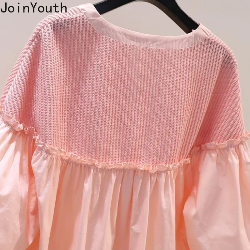 Cotton Blouses Women Patchwork Pink Shirt Loose Summer Sweet Ruffles Blouse O-neck Lantern Sleeve Tops 2023 Blusas Mujer De Moda