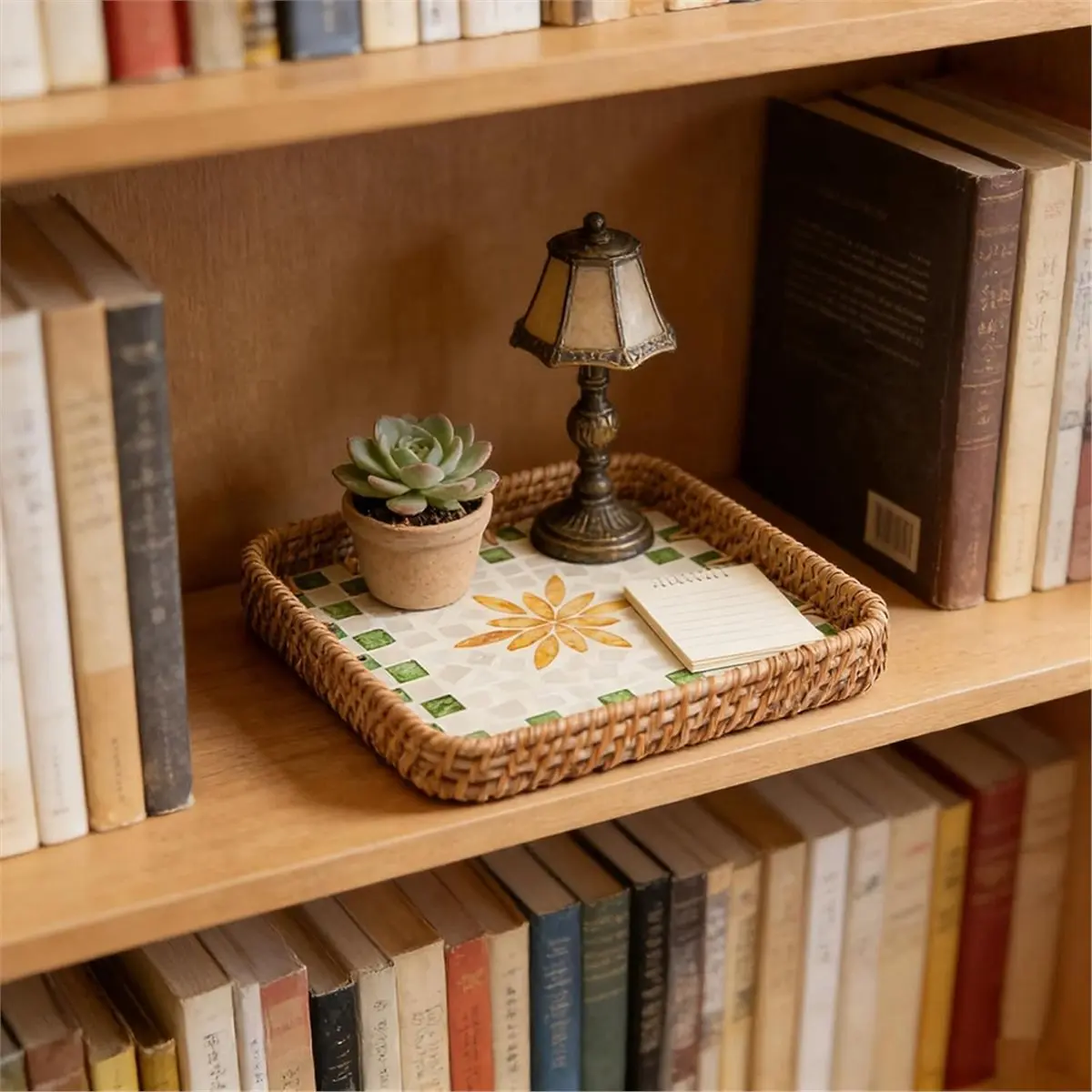 Rattan Serving Tray with Mother of Pearl Inlay, Handmade Square Woven Storage Basket Decorative Tray