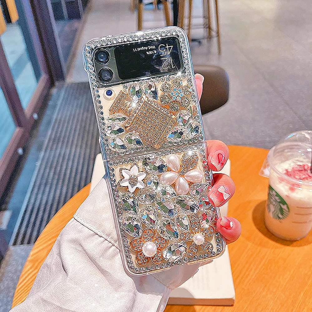 Luxury Bling Diamond Flowers Gemstone Phone Case For Samsung Galaxy Z Flip 4 Z Flip 3 Glitter Rhinestone Transparent Back Cover