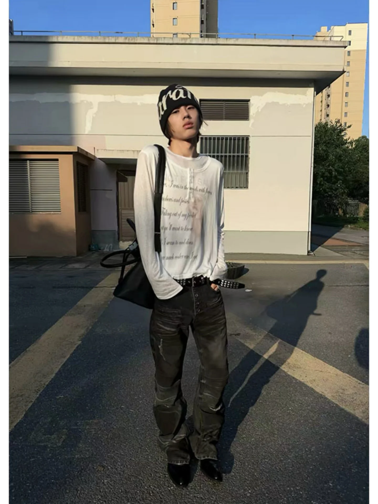 Retro American Letter Print Long Sleeve T-Shirt Men's Early Autumn Thin Loose Feeling Fake Two-Piece Sunshade Cover up