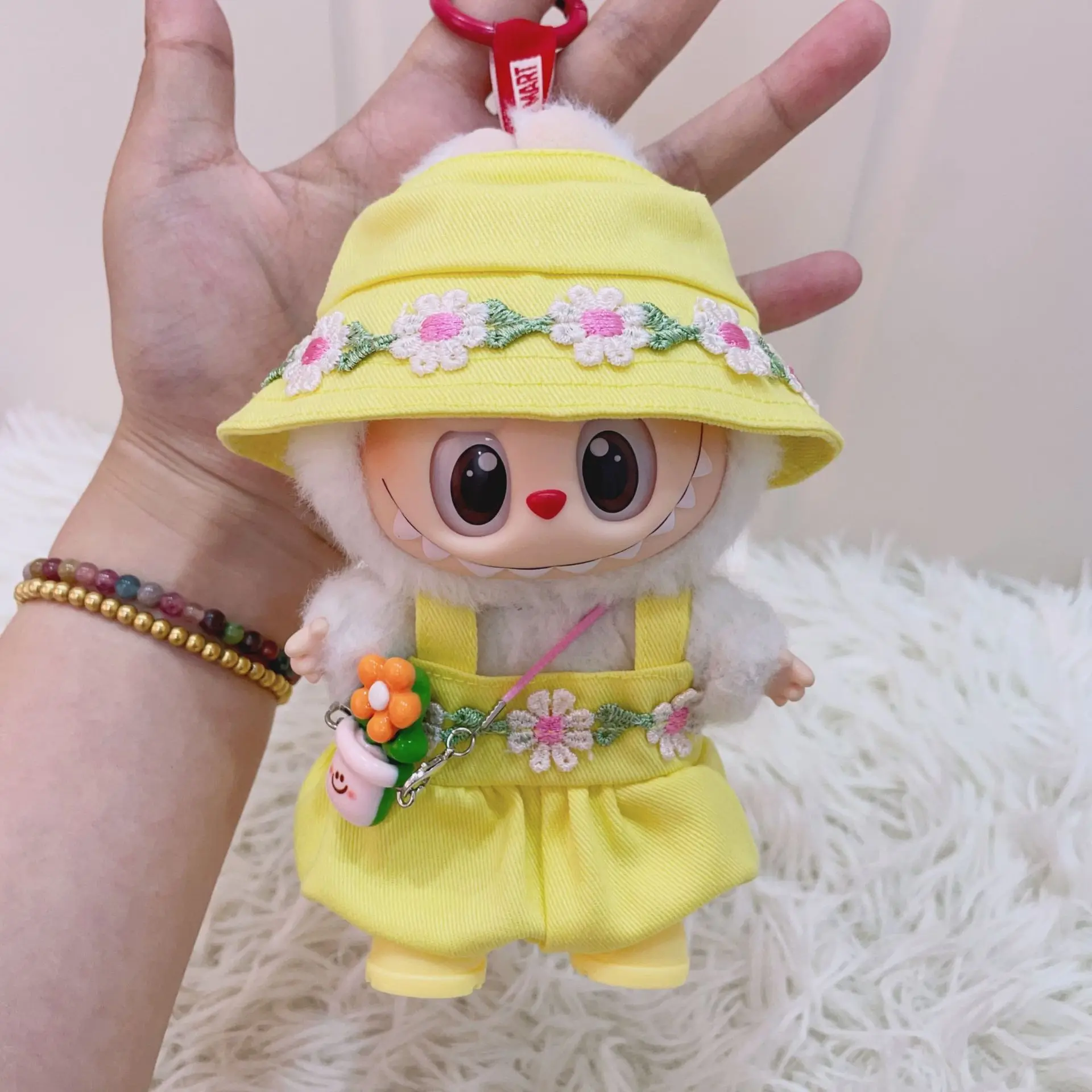 17cm Labubu Doll Clothes Daisy Overalls with Cactus Charm Colorful Shoes Set for Vinyl Figure Hanging Keychain Decor Outfit