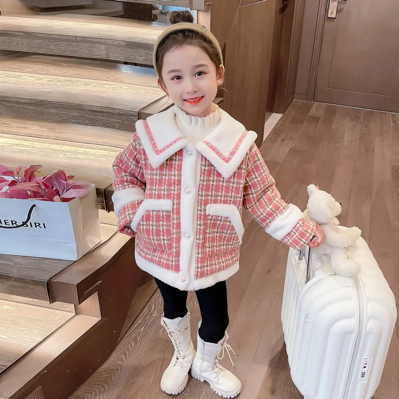 

Children Autumn Winter Jacket for Baby Girls Plaid Coats Outdoor Kids Clothing Warm Thickened Plush Infant Casual Outerwear 2-8Y