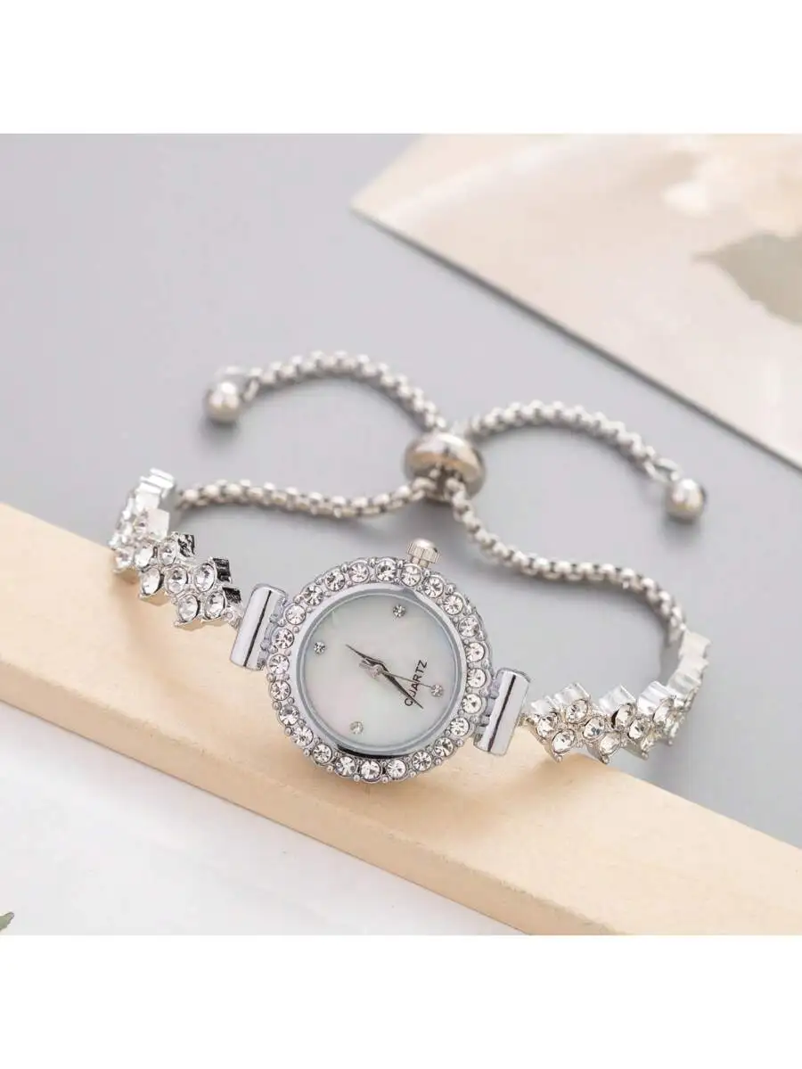 New Casual Fashionable Women's Bracelet Watch With Lovely Round Dial Decorated With Crystal And Rhinestone-Set Watch Strap,