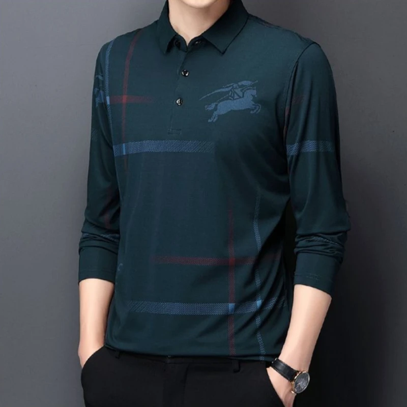 

Мужская рубашка-поло с длинным рукавом из мягкой ткани Ice Silk, модный принт, тонкая дышащая повседневная футболка для работы и активного отдыха.