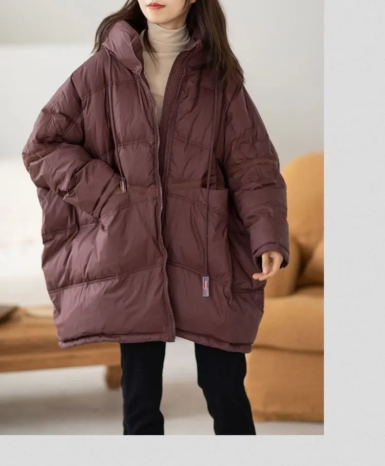 Sweat à capuche avec cordon de serrage pour femme, grande poche, manches chauve-souris, duvet de canard blanc 90, grande édition, doudoune ample, tendance, nouvelle collection hiver 2026