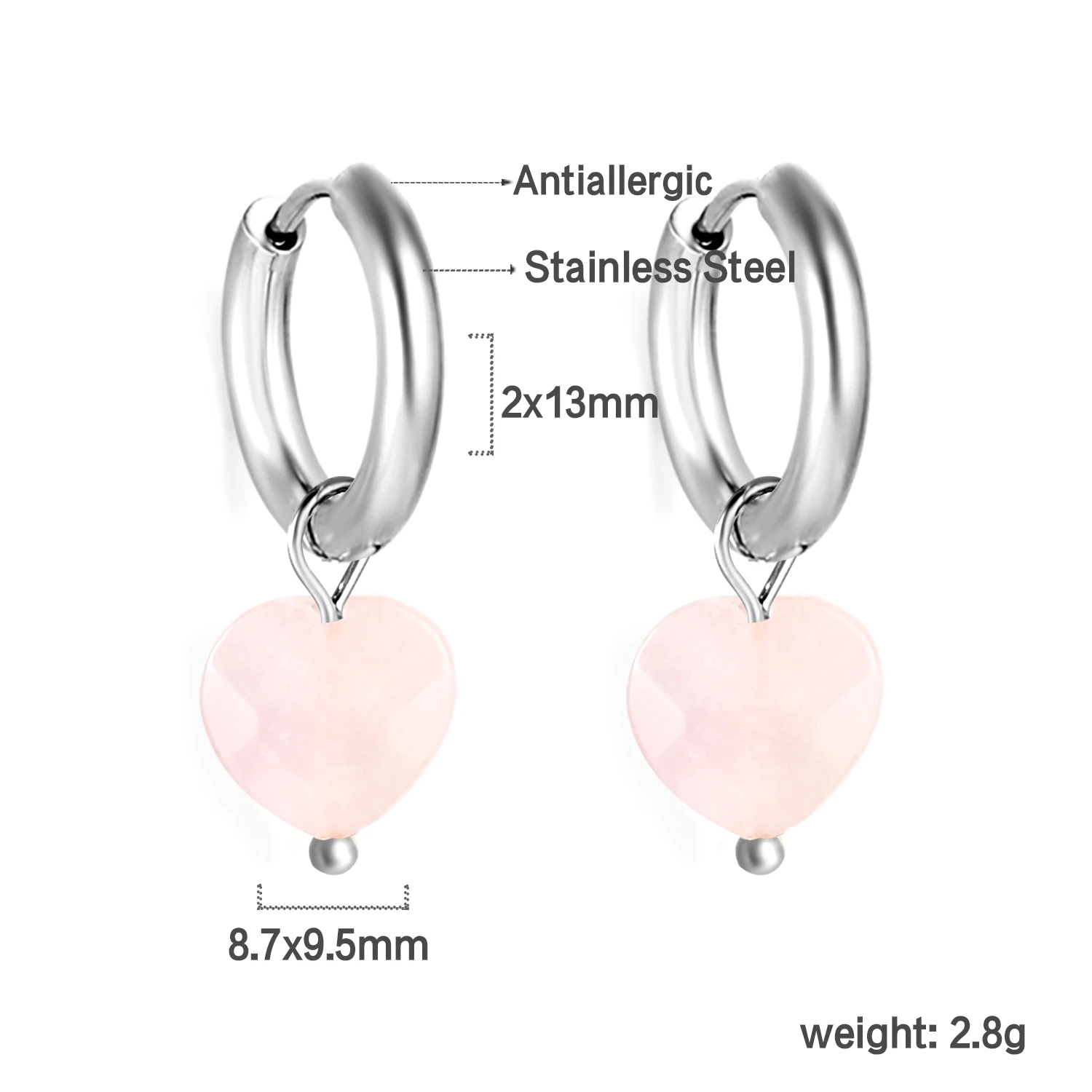 LUXUSTEEL Sweet Light Pink Green Natural Stone Hoop Earrings For Women Stainless Steel Anti Allergy Heart Oval Shape Ear Jewelry
