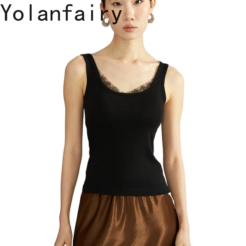 YOLANFAIRY Fashion Cami Top Woman Clothes Camisole High Quality Womens Tops Sexy Solid Lace Trim Vest with Breathable Chest Pads