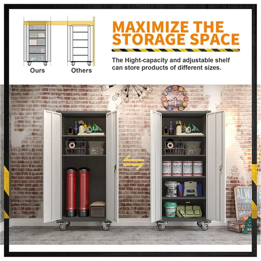 71" Metal Storage Cabinet with Wheels,Garage Storage Cabinet with Locking Doors and 4 Shelves,Lockable Rolling Tool Cabinet for