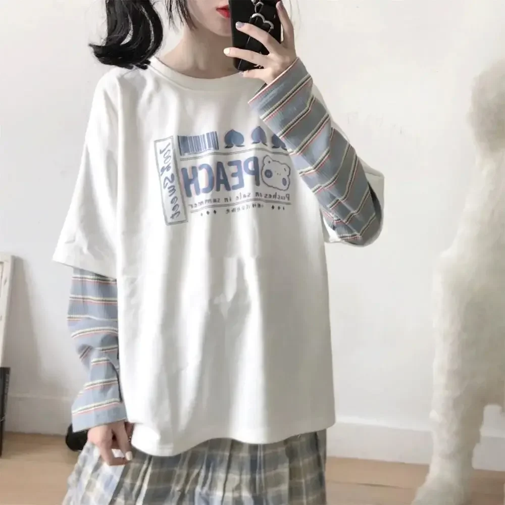 

Loose Casual Fake Two Pieces Cute Cartoon Print Female Sweatshirt Patchwork Spring and Autumn Women Sweatshirts