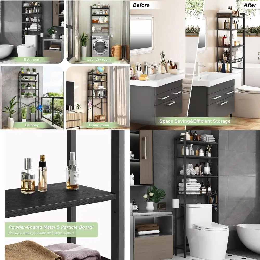 

4-Tier Over Toilet Storage Shelf, Adjustable and Basket-Included, Space-Saving Bathroom Organizer in Pure Black