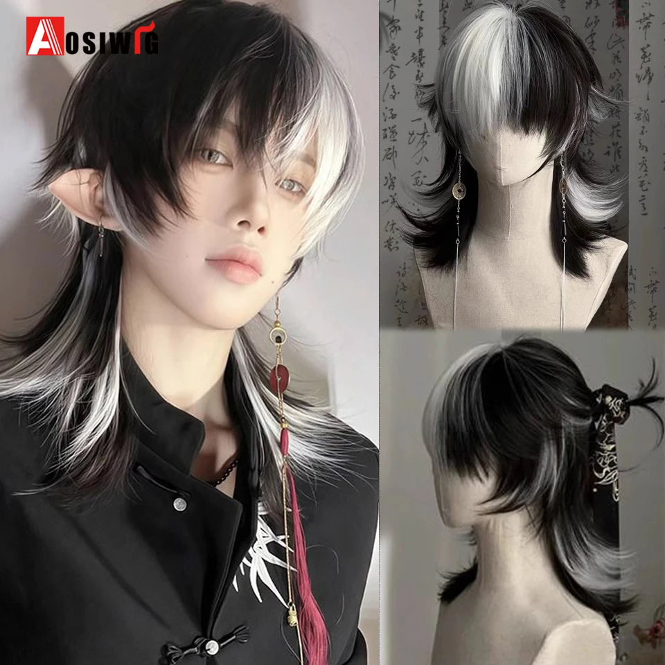 AOSI  Synthetic Short Straight Mullet Head Wigs with Bangs Anime Men Black White Gray Green Hair Wig for Daily Party Cosplay