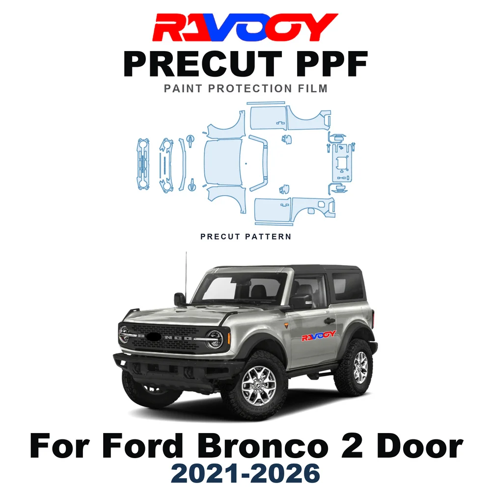 Precut PPF For Ford Bronco Base 2 Door 2021-2026 8.5mil TPU Paint Protection Film Hood Bonnet Bumper Headlight Self-Healing Door