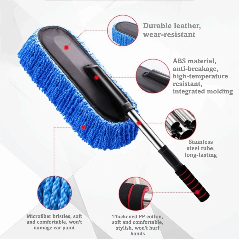 Retractable Handle Car Cleaning Mop Soft Bristle Stainless Steel Pole Car Duster Duster Scratch-Free Car Wash Brush