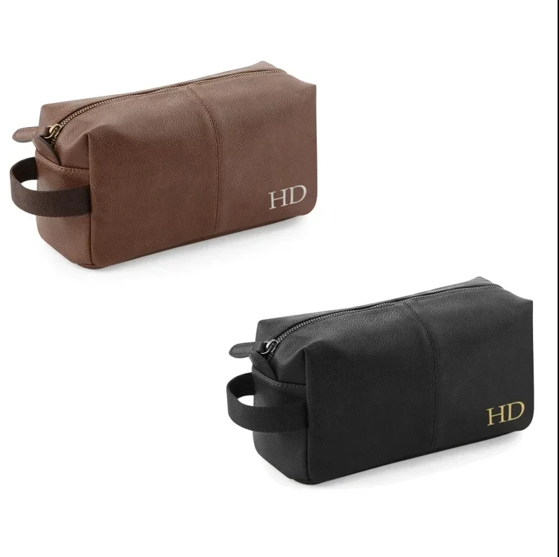 Borsa da toilette personalizzata con monogramma dorato Lnitials in pelle nera Look For Him Groomsmen Mens Dad Bestman Father Gift