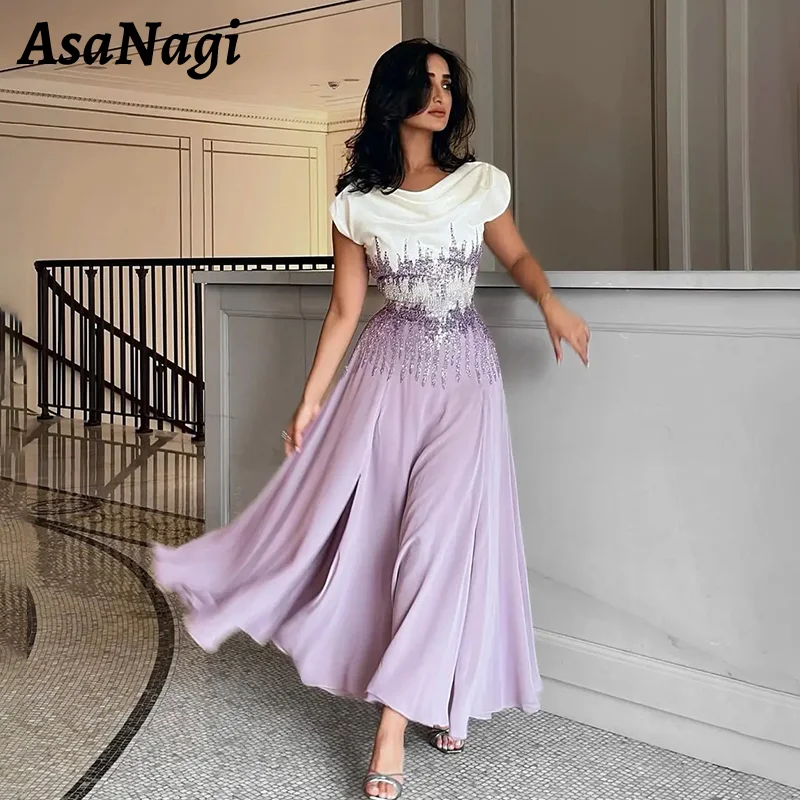 AsaNagi Elegant O Neck Prom Dresses Women's Sleeveless Beaded Party Dresses Evening Gowns Ankle Length Special Occasion Dress