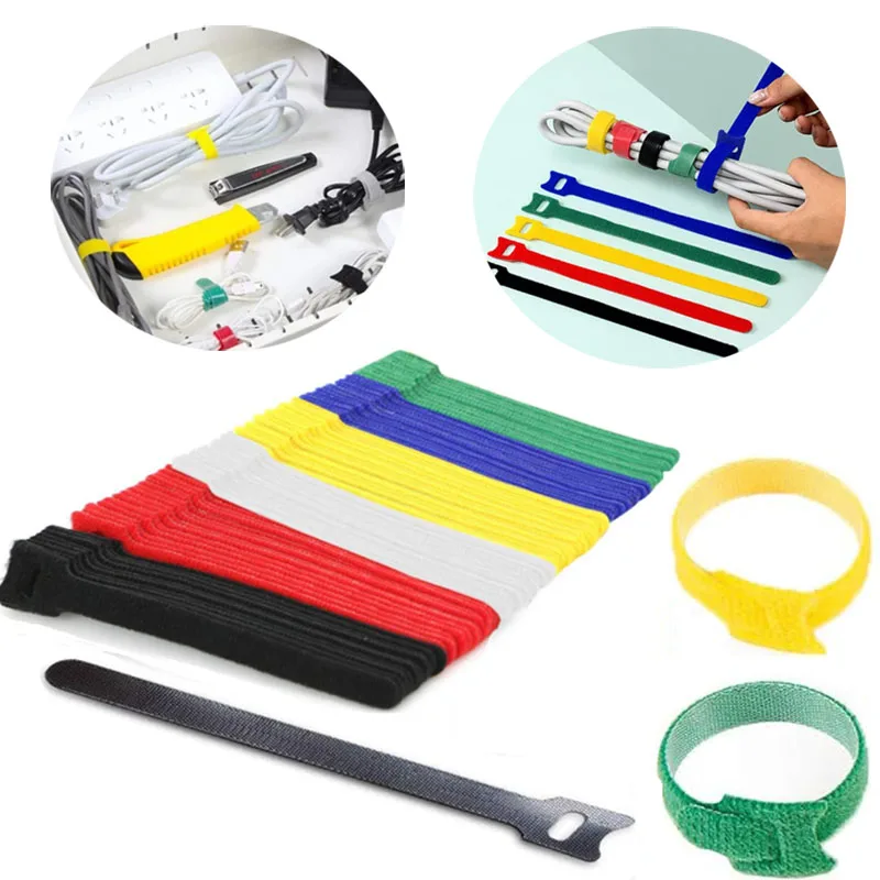 10/20/30 pieces reusable T-shaped tie straps for fixing and storing various electrical wires colored nylon hook and loop ties