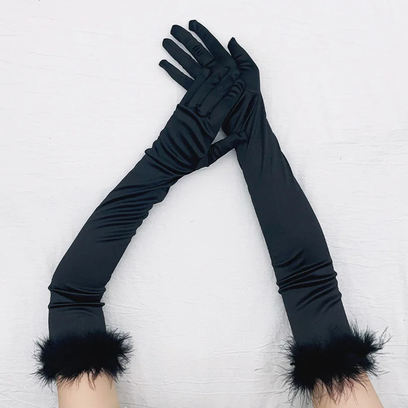 Fashion Feathers Full Finger Gloves Halloween Makeup Elbow Gloves Solid Color Long Gloves Women\'s Mittens Party Accessories