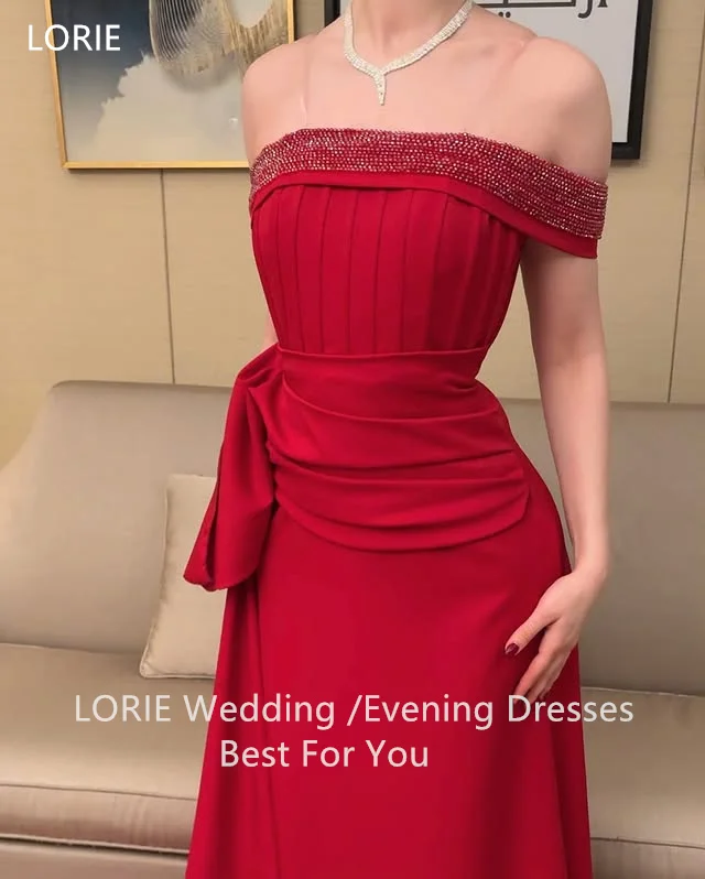 LORIE Elegante rote Partykleider mit Perlenstickerei, schulterfrei, Abendkleid, A-Linie, Ballkleider, individuell gestaltet